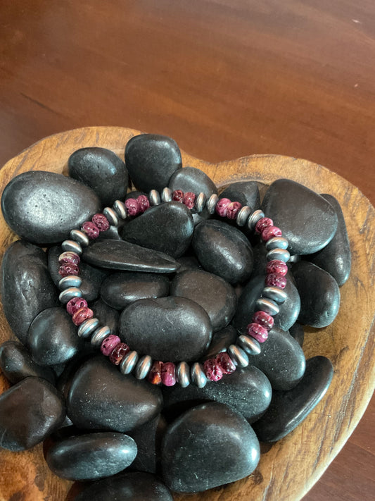 Sterling Silver Disc Pearls & Purple Spiny Stretchy Bracelet