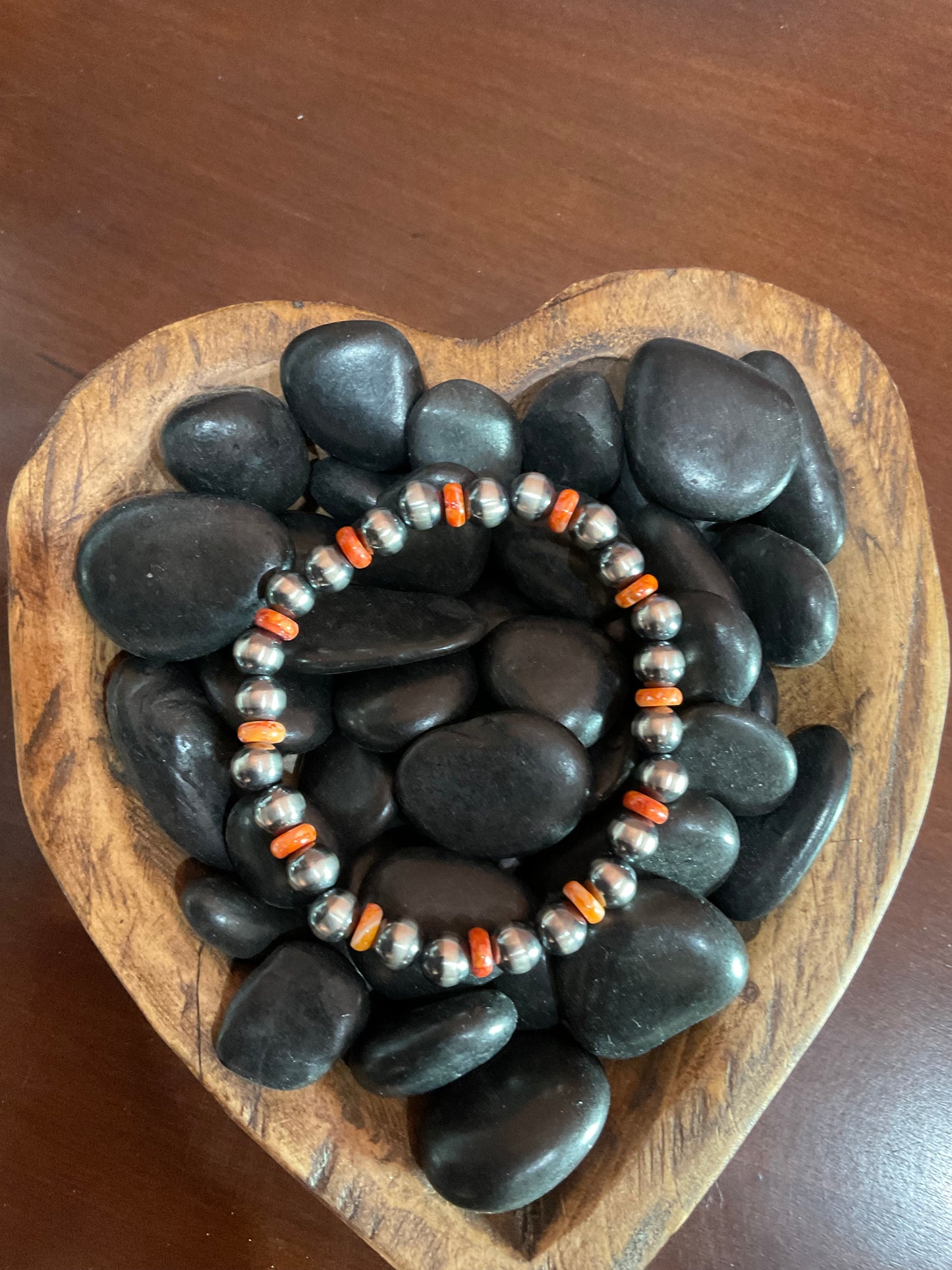 Sterling Silver Pearls & Orange Spiny Stretchy Bracelet