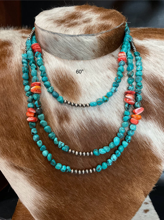 60” Sterling Silver Pearls w/Egyptian Turquoise & Orange Spiny Oyster