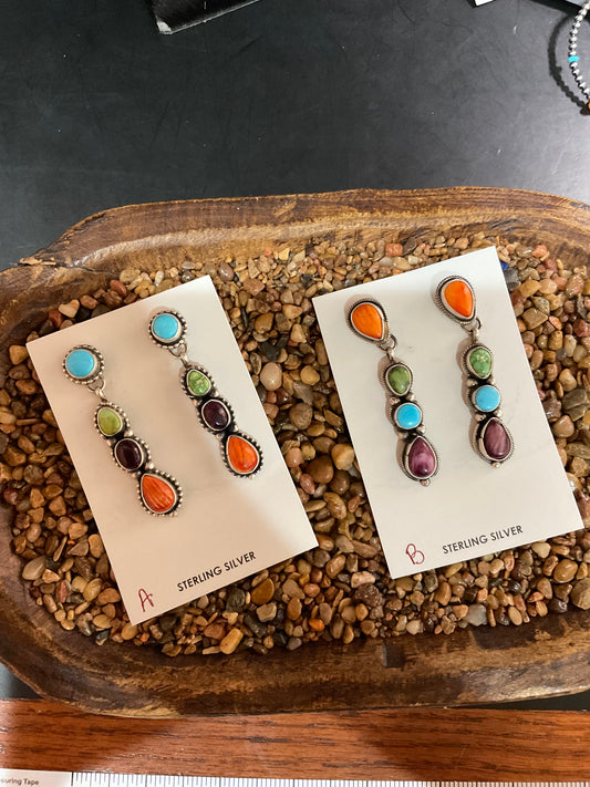 Turquoise & Spiny Oyster 4 Stone Dangle Earrings