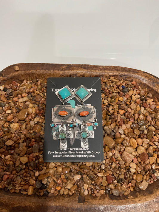 Kingman & Orange Spiny Oyster 3 Tier Cross Earrings