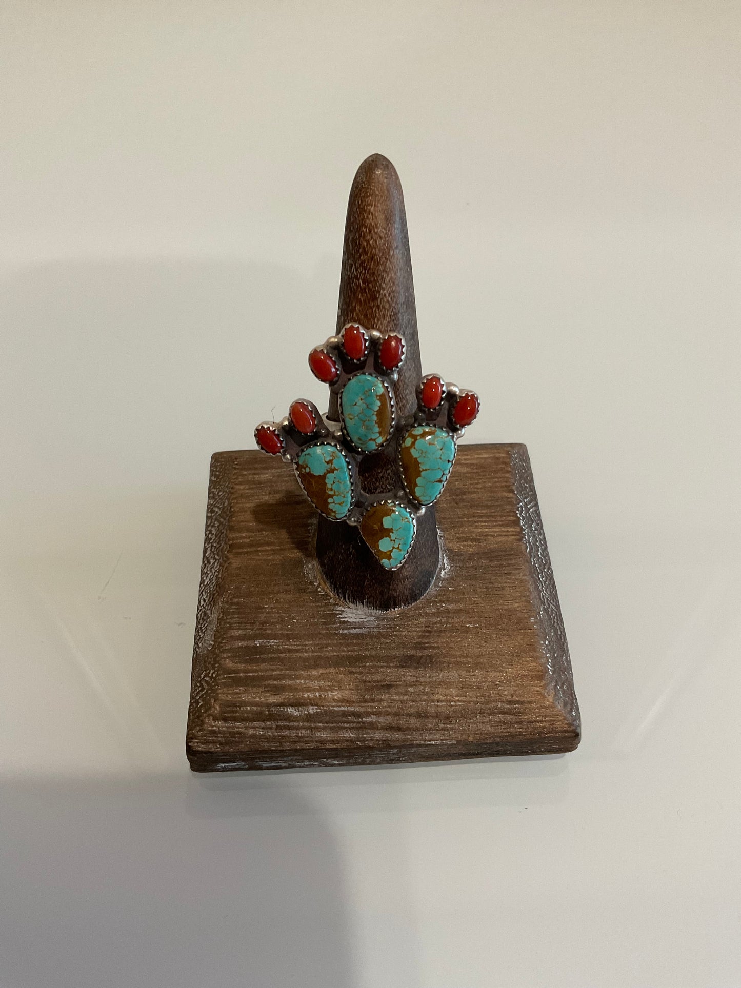 #8 Turquoise & red Coral Cactus Ring