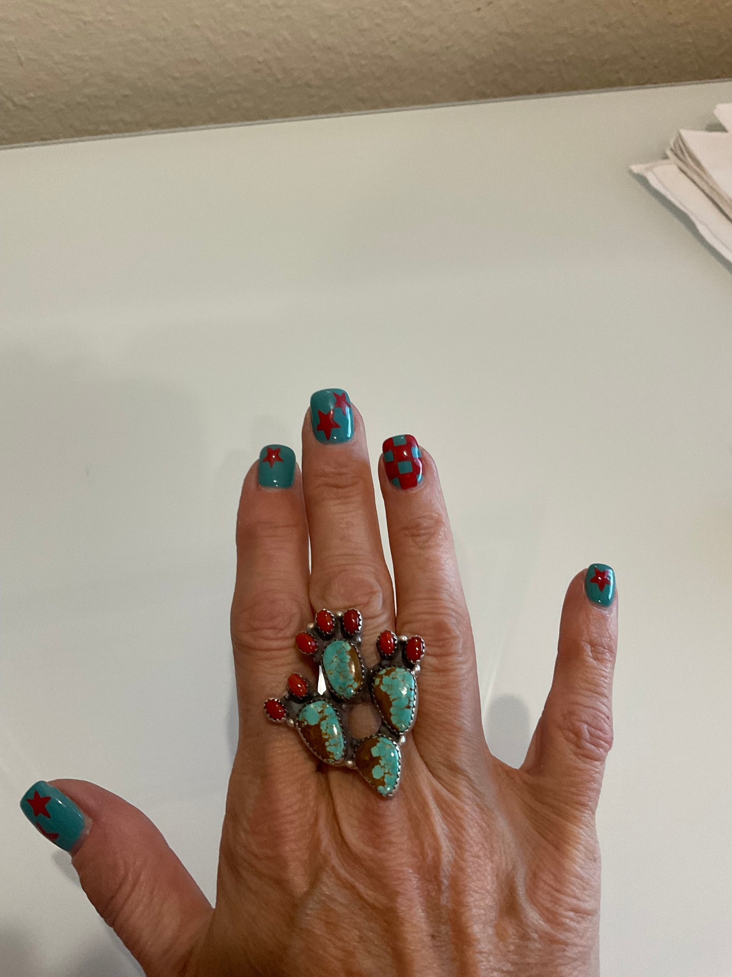#8 Turquoise & red Coral Cactus Ring