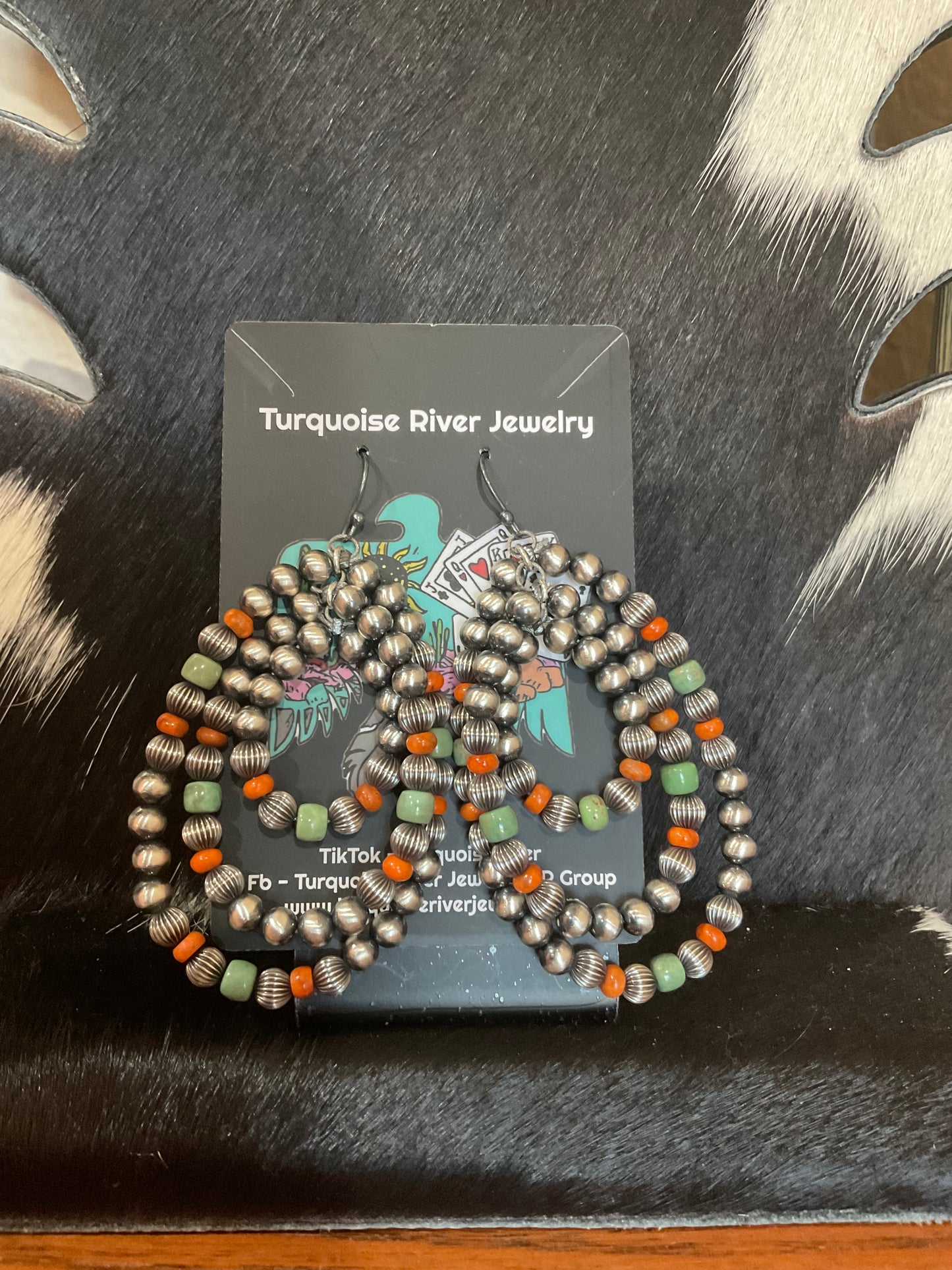 Orange Spiny & Turquoise Pearl Triple Hoop Earrings