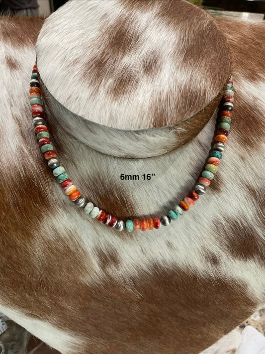 16” Spiny Oyster & Turquoise Rondelle & Sterling Silver Pearl Necklace
