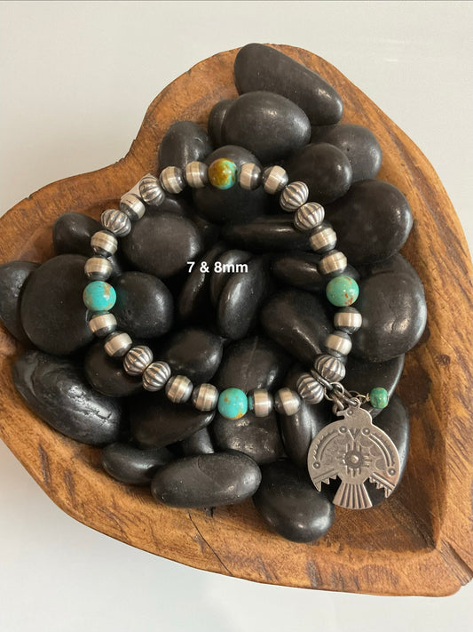 Sterling Silver Pearl w/Kingman & Thunderbird Charm Stretchy Bracelet