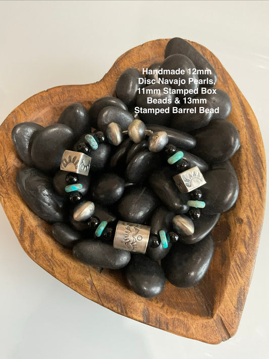 Handmade Barrel Bead, Campitos Turquoise & Black Onyx Stretchy Bracelet